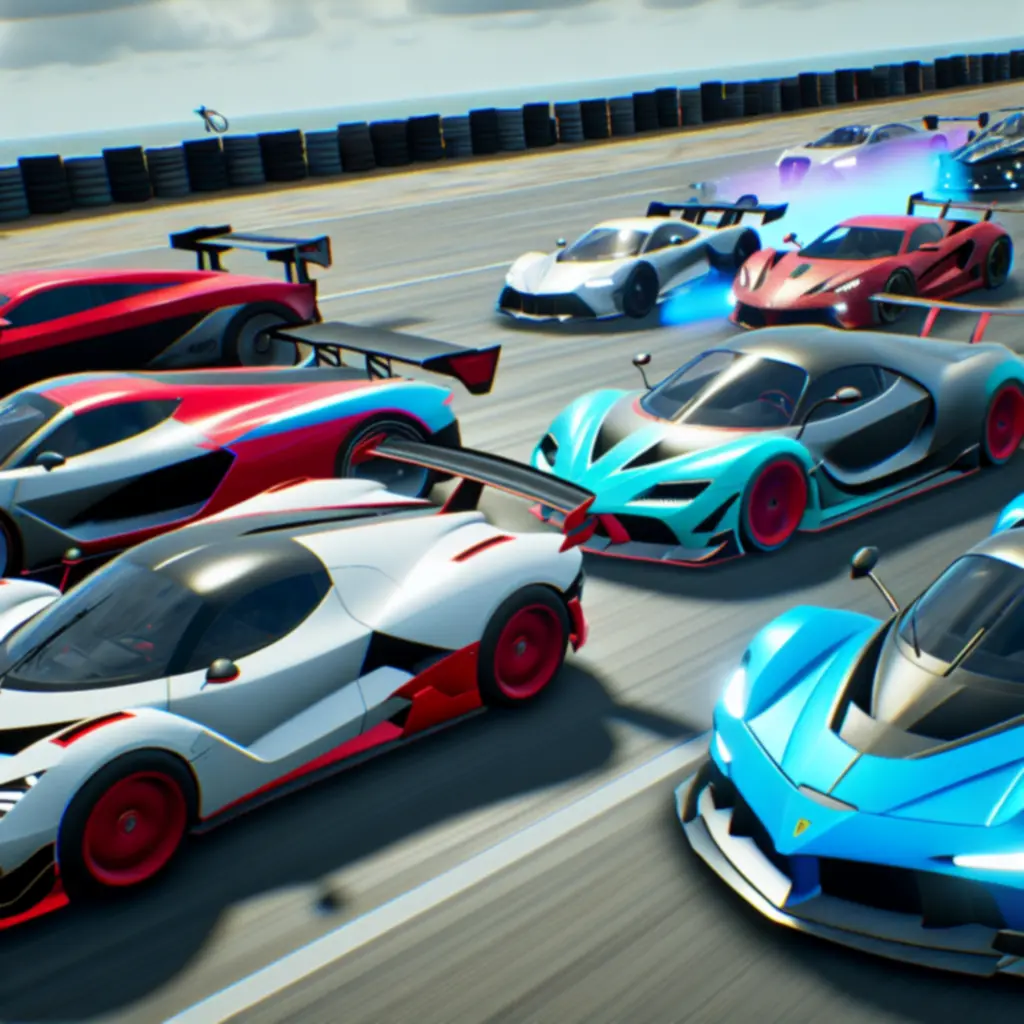High-speed supercars on a race track